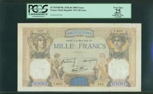 FRANCE 1937-40 1,000 FRANCS BANKNOTE, PICK#90c, VERY FINE APPARENT, LARGE NOTE - Picture 1 of 2