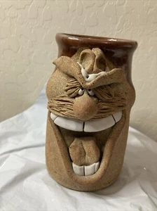 Ugly Face Mug Handmade Art Pottery Silly Cowboy Hat Moustache Big Teeth - Picture 1 of 12