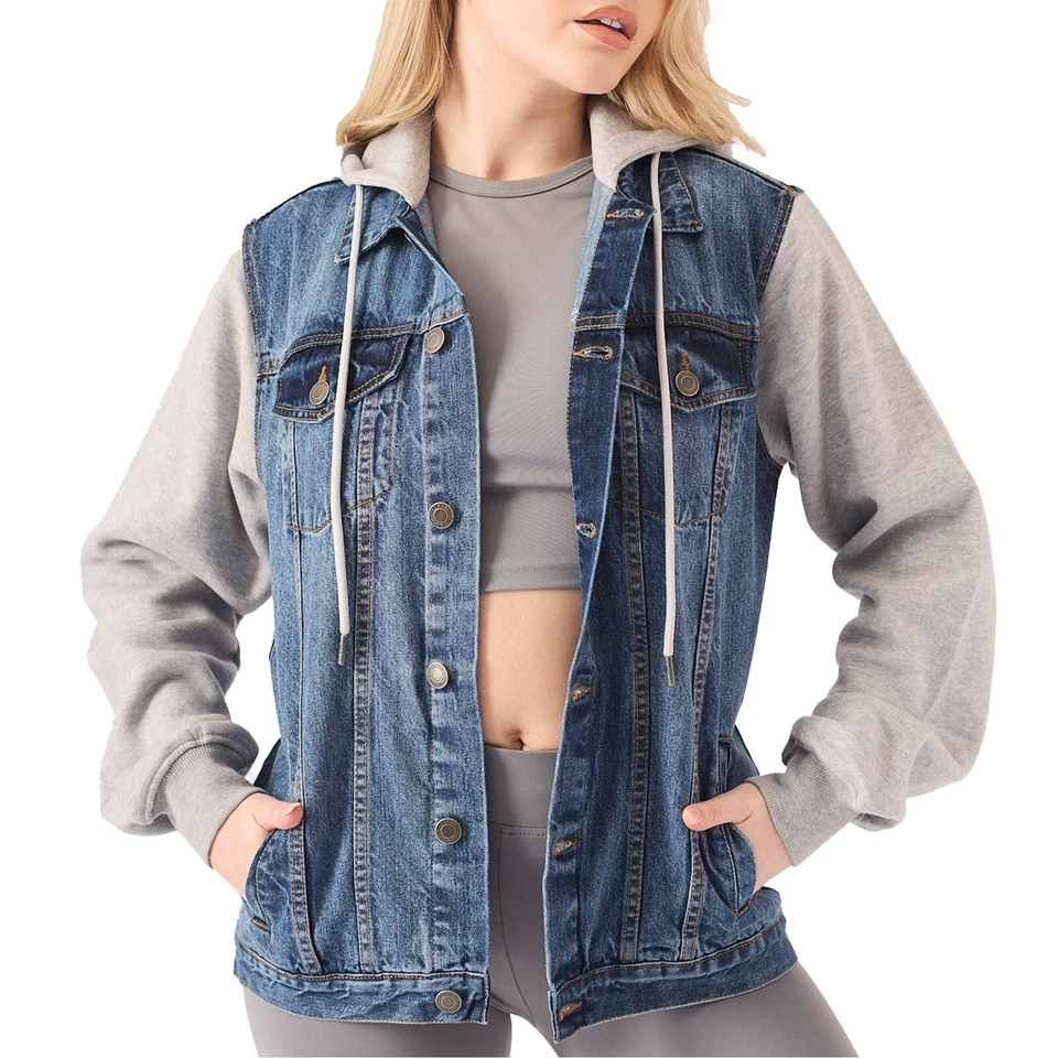 JMOJO Womens Denim Jacket Mid Blue Wash Pullover Hoodie Sweatshirt Jumper UK - Image 1 of 4
