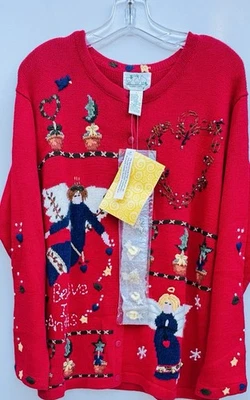 Vintage NWT Quacker Factory Holiday Cardigan Sweater Angels +Button Covers Large - Image 1 of 4