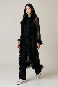 Black Marabou Sheer Feather Robe Womens One Size Full Length Sexy Burlesque Boa - Picture 1 of 9