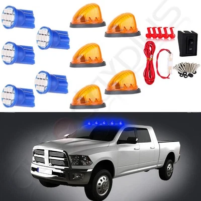 5x Amber Lens Cab Marker Running Lights+ T10 Blue LED Bulb + Wire Pack For Chevy - Image 1 of 4