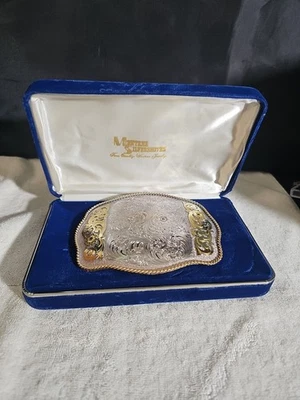  Vintage Montana Silver Smith Belt Buckle Sterling Plate Pink Jewels 4.5x5.5  - Image 1 of 4