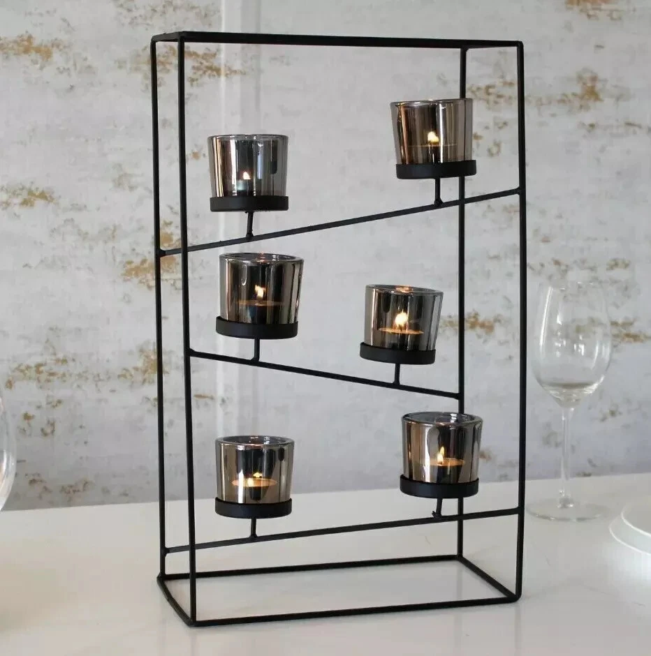 Black Wire Metal Tiered Tea Light Centrepiece With 6 Tinted Glass Candle Holders