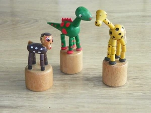LOT 3 pcs. Vintage Old Wooden Finger Push Button Puppet/dinosaur, goat, giraffe/ - Picture 1 of 24