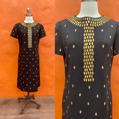 Vintage 1960s Mod Wool Sheath Dress Black Gold Metal Beaded Carlye pockets - Image 1 of 4