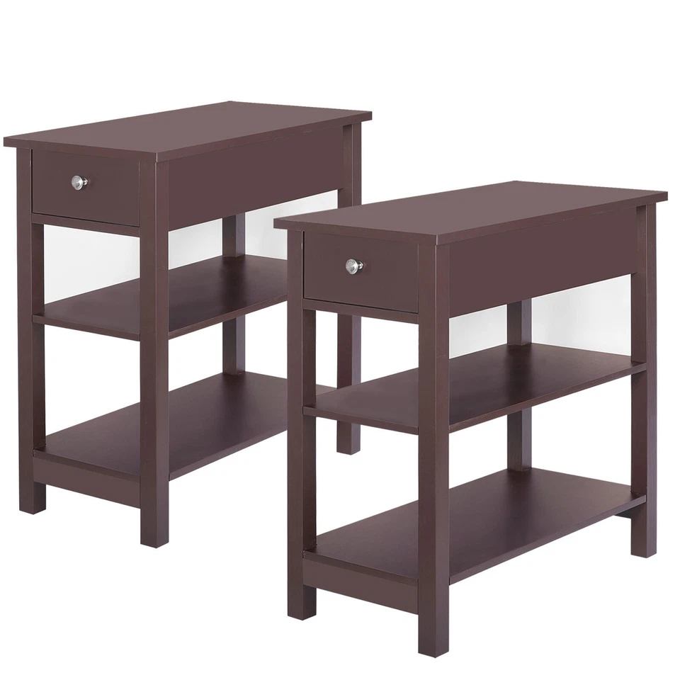 2PCS 24" End Table Side Console Table Narrow Chairside W/2 Open Shelves 1 Drawer - Image 1 of 4