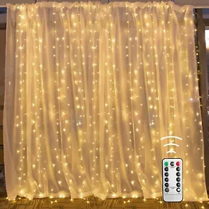 Window Curtain String Light 300 LED 8 Lighting Modes Fairy Lights w/ Remote - Picture 1 of 9