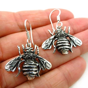 Bee Earrings 925 Sterling Silver Hand-wrought Two Tone Insect Earrings for Women - Picture 1 of 6