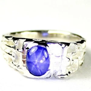 925 Sterling Silver Men's Nugget Ring, Blue Star Sapphire, SR197 - Picture 1 of 5