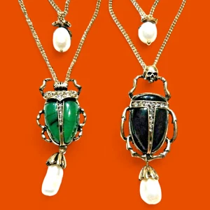 SCARAB BEETLE & PEARL convertible tiers layers golden necklace art deco egypt D3 - Picture 1 of 11