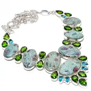Ruby Fuchsite & Peridot Gemstone Silver Handmade Fashion Jewelry Necklace 18" - Picture 1 of 1