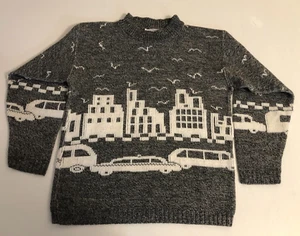 vtg Burlington Sweater Sz S Retro City Scape Auto Limo Scene Acrylic USA - Picture 1 of 15