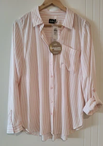 DOTTI LADIES PINK AND WHITE STRIPED BUTTON-TAB SLEEVE SHIRT SIZE 8 - Picture 1 of 9