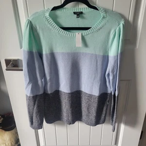 Talbots Blue Gray Striped Puff Sleeve 100% Pima Cotton Sweater Womens Petite L - Picture 1 of 8