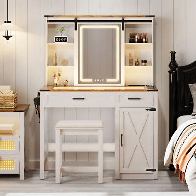 Vanity Desk with Charging Station Glass Top Vanity Table with Drawers & Shelves - Image 1 of 4