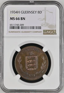 O878, Guernsey, 8 Doubles 1934 H, Heaton Mint, NGC MS66BN, Top Pop 1/0, Rare! - Picture 1 of 3