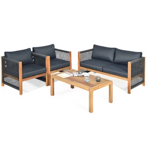 4PCS Acacia Wood Garden Patio Furniture Set Cushioned Sofa W/Nylon Rope Armrest - Picture 1 of 6