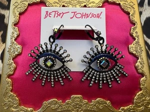 Betsey Johnson Shine Bright Evil Eye Black Blue Glitter Crystal AB Earrings - Picture 1 of 2