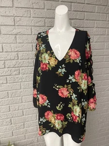 Rags To Wishes Women Black Floral 3/4 Ruffle Sleeve Blouse Size 2X - Picture 1 of 8