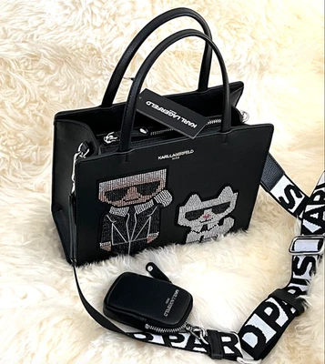 KARL LAGERFELD PARIS Maybelle Black Rhinestones Cat Crossbody Bag Satchel NWT - Image 1 of 2