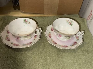 Habsburg Bone China - Austria verwaiste Teetassen & Untertassen blau rosa geblümt - Bild 1 von 10