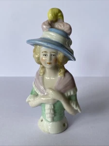 BEAUTIFUL VINTAGE 3.5” HAND PAINTED HALF DOLL PIN CUSHION LADY - Picture 1 of 5