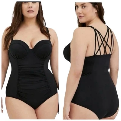 TRAJE DE BAÑO TÓRRIDO NEGRO CON TIRAS PUSH UP DEMI UNA PIEZA TALLA 1X COPA DD/DDD #293 Foto 1 de 4