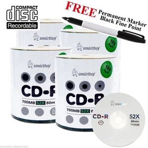 Paquete de 400 Smartbuy 52X CD-R 700 MB logotipo superior disco grabable + marcador permanente negro - Imagen 1 de 4