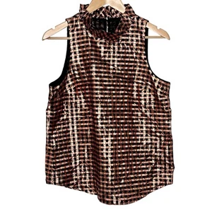 J Crew ärmelloses Metallic-Gingham-Top mit Rüschenkragen schwarz goldfarben Damen Small - Bild 1 von 8