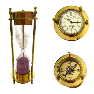 Antique Brass 6" Hourglass Sand Timer, Nautical Sand Timer With Compass & Clock, - Picture 1 of 8