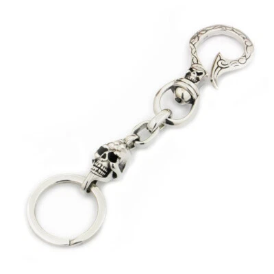 925 Sterling Silver Skull Hook Keychain Mens Biker Punk Keyring Belt Clip 9T011D - Image 1 of 4