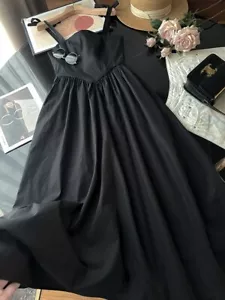ZARA BLACK POPLIN STRAPPY MIDI LONG FLOWING VOLUMINOUS DRESS WITH SIDE POCKETS - Picture 1 of 24