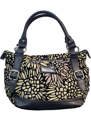 Relic Collection Hand Bag Black Yellow Tan Floral Flocked Canvas Zip Closure - Image 1 of 4