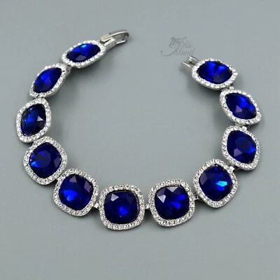 Navy Blue Crystal Rhinestone Bracelet Rhodium Plated Women Fashion Jewelry 676 - Image 1 of 4