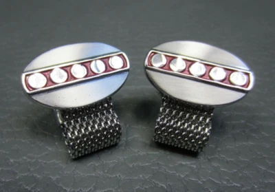 Vintage Red Enamel with Dots Wrap Around White Gold Plated Cuff Links  - Image 1 of 2