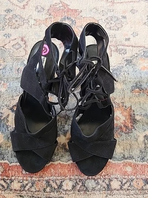 Halogen Womans Black Sued Leather Lace Up Open Toe Block Heels Size 9M - Image 1 of 4