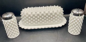Fenton Hobnail White Milk Glass Butter Dish And S & P Shakers Set EUC - Picture 1 of 6