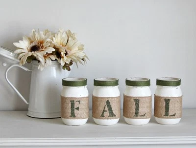 Fall Farmhouse Mason Jars Décor Set – White Green Table Centerpiece - Image 1 of 4