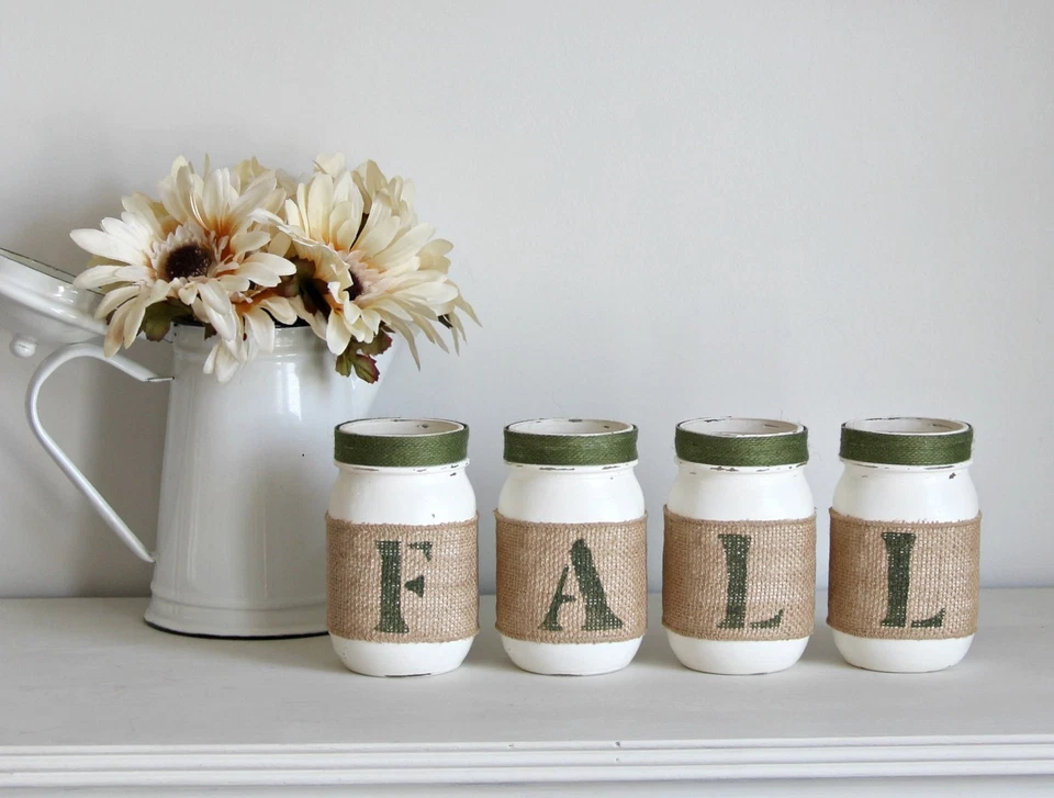 Fall Farmhouse Mason Jars Décor Set – White Green Table Centerpiece - Image 1 of 4