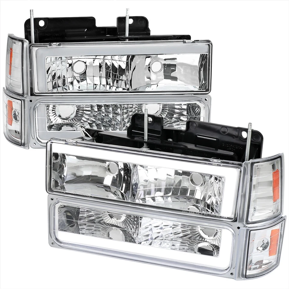 Faros cromados para GMC Sierra Yukon 94-98 + señales de giro + esquina de 4 piezas con fibra DRL Foto 1 de 3