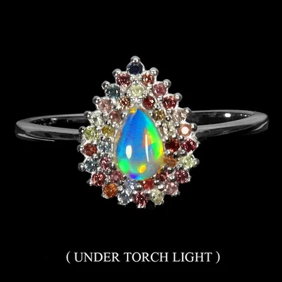925 Sterling Silver Ring Pear Fire Opal 6x4mm Sapphire Gemstone Jewelry Size 8.5 - Image 1 of 4