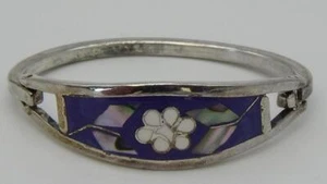 Pulsera Vintage México Alpaca Plata y Abulón Pequeño Púrpura Diseño Floral 3 - Imagen 1 de 10