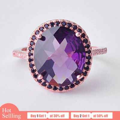 Anillo lleno de piedra ovalado púrpura amatista negro ónix gema oro rosa para mujer talla 6-10 Foto 1 de 4