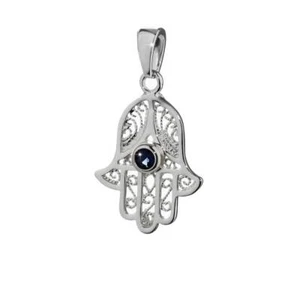 925 Sterlingsilber Ketten Anhänger HAND der FATIMA BLAUE Zirkonia Eye of Fatima - Picture 1 of 1