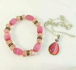 Juego de pulsera y collar colgante cristales ojo de gato rosa de la suerte 17" - Imagen 1 de 7
