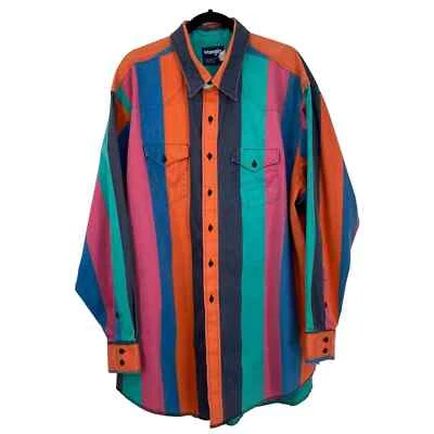 Vintage 90s Wrangler Striped Brushpopper Rodeo Western Shirt Heavy Duty 19-36 - Image 1 of 4