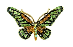 Butterfly brooch pin in green and topaz color crystals and gold plate trim - NEW - Picture 1 of 2