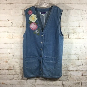 Blue Diamond Blue Jean Denim Vest Women Sz M Embroidered Floral Sleeveless Long - Picture 1 of 8