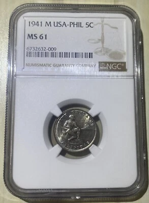 Philippines US 1941 M 5 Centavos Key CN Coin Last Year Issue Choice NGC MS 61 - Image 1 of 2